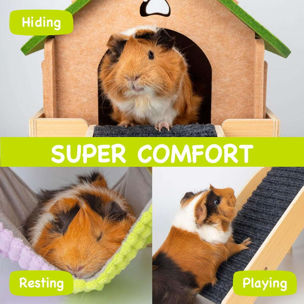 3 in 1 Enlarged Guinea Pig Hammock,Wooden Guinea Pig Hideout with House & Platform & Stairs Small Animal Toys for Hiding Sleeping Activities