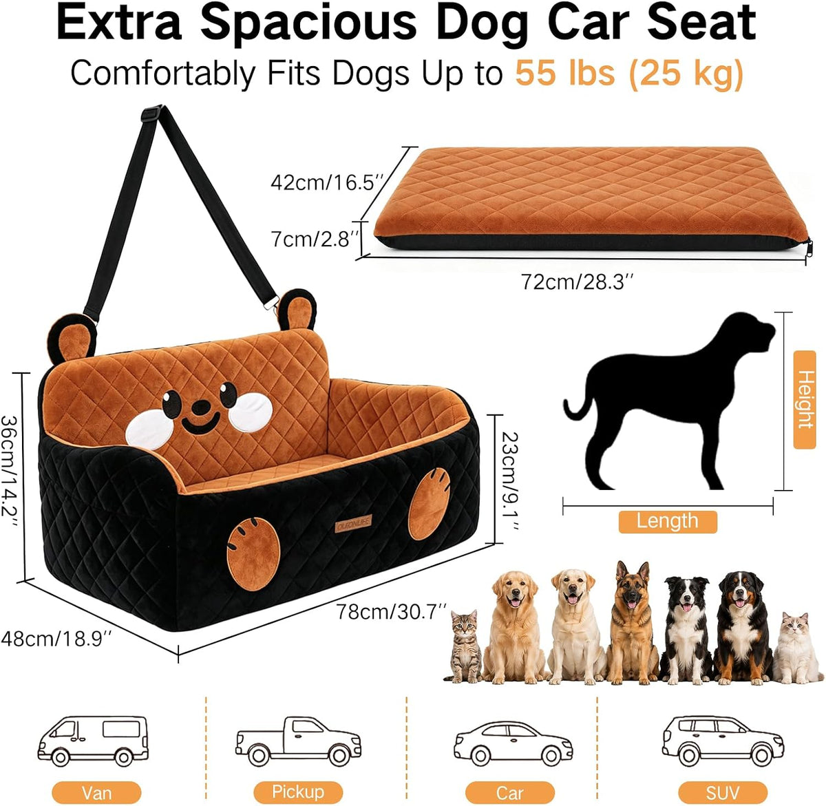 Large Dog Car Seat for Dogs up to 55 lbs or 2 Small Dogs, High-Density Foam Pet Travel Bed with Ultra-Soft Plush, Detachable Washable Cover, 2 Safety Leashes, Storage Pockets, Back Seat Use