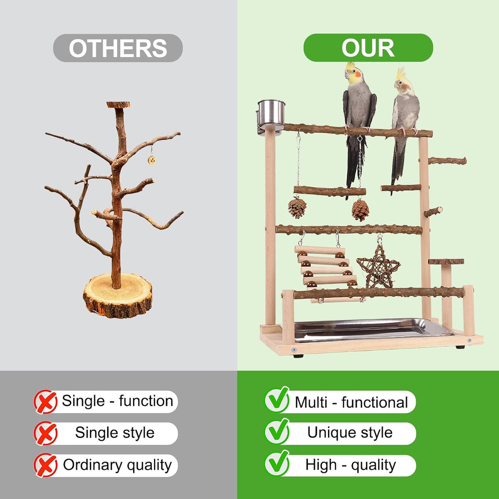 Bird Playground Parrot Perch Play Stand, Natural Wood Parakeet Playstand Cockatiel Toys, Budgie Play Gym & Cage Accessories - Removable Stainless Steel Tray, 2 Feeder Cups, Ladders & Swings