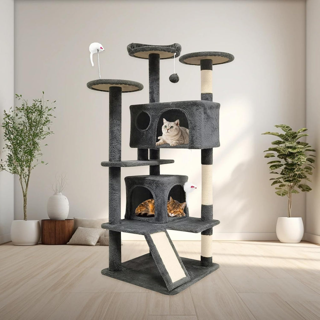 Aotaide 54in Cat Tree, Multi-Level Cat Tower,2 Cozy Caves, Scratching Posts, Climbing Ladder, Plush Balls, Durable Pet House Furniture for Indoor Kittens,Beige