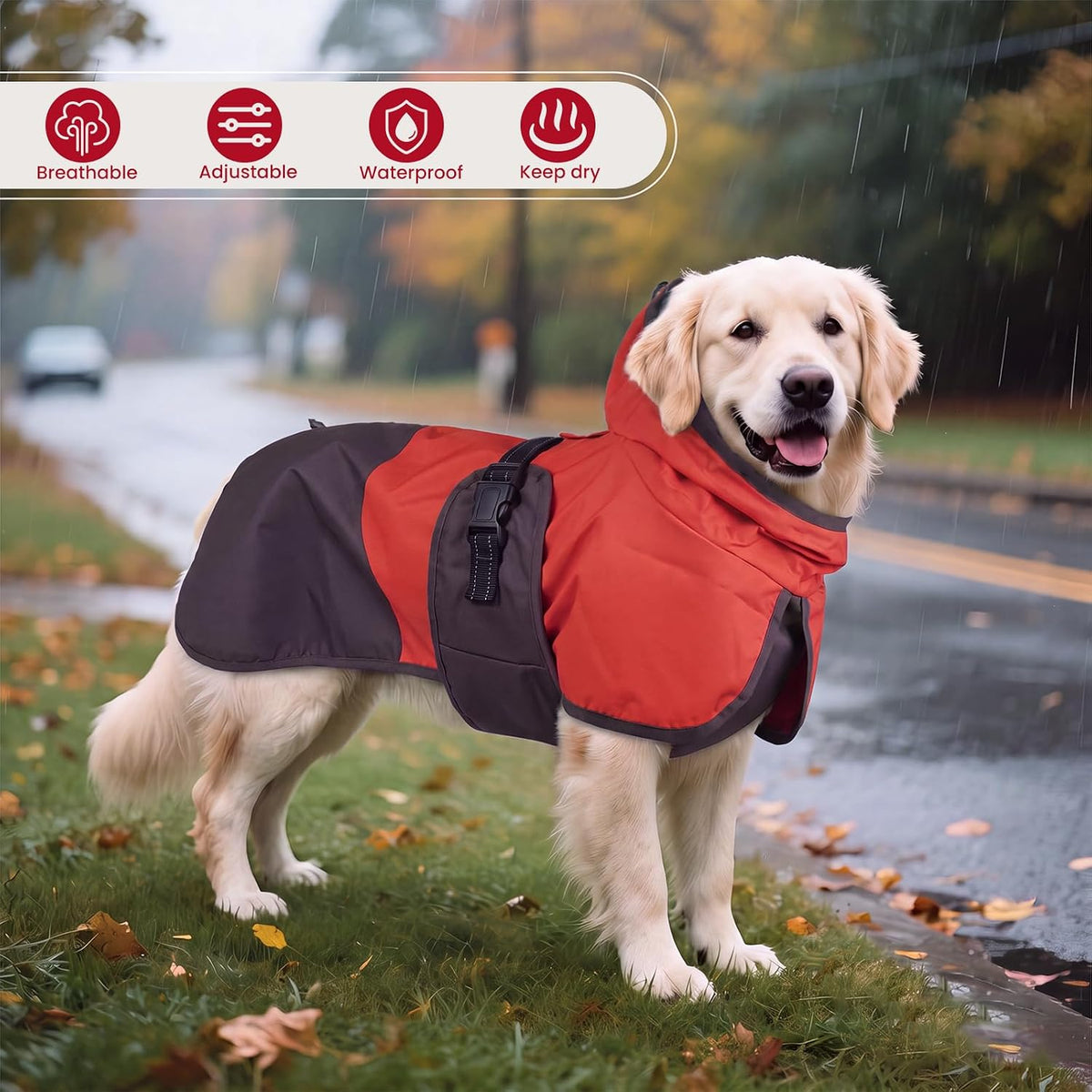 BRKURLEG Dog Raincoat, Waterproof Rain Jacket with Hood, Red Brown, L