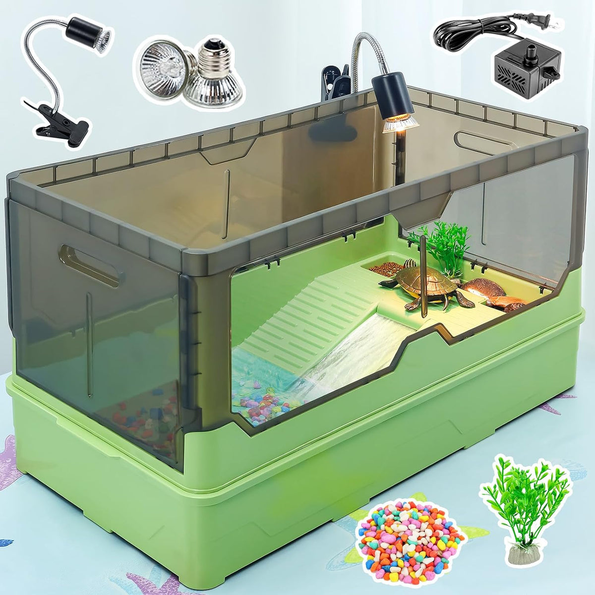 Large Turtle Habitat Kit with Heat Lamp, Filter & Pump(Green, Large)