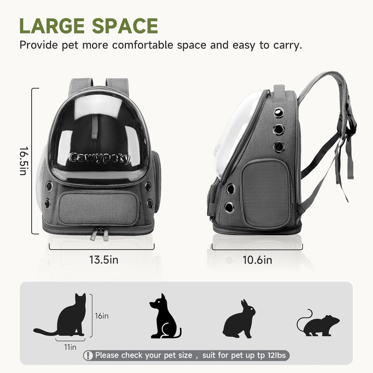 Cawypety Cat Backpack Carrier Large Space Bubble Backpack up to 12lbs Grey