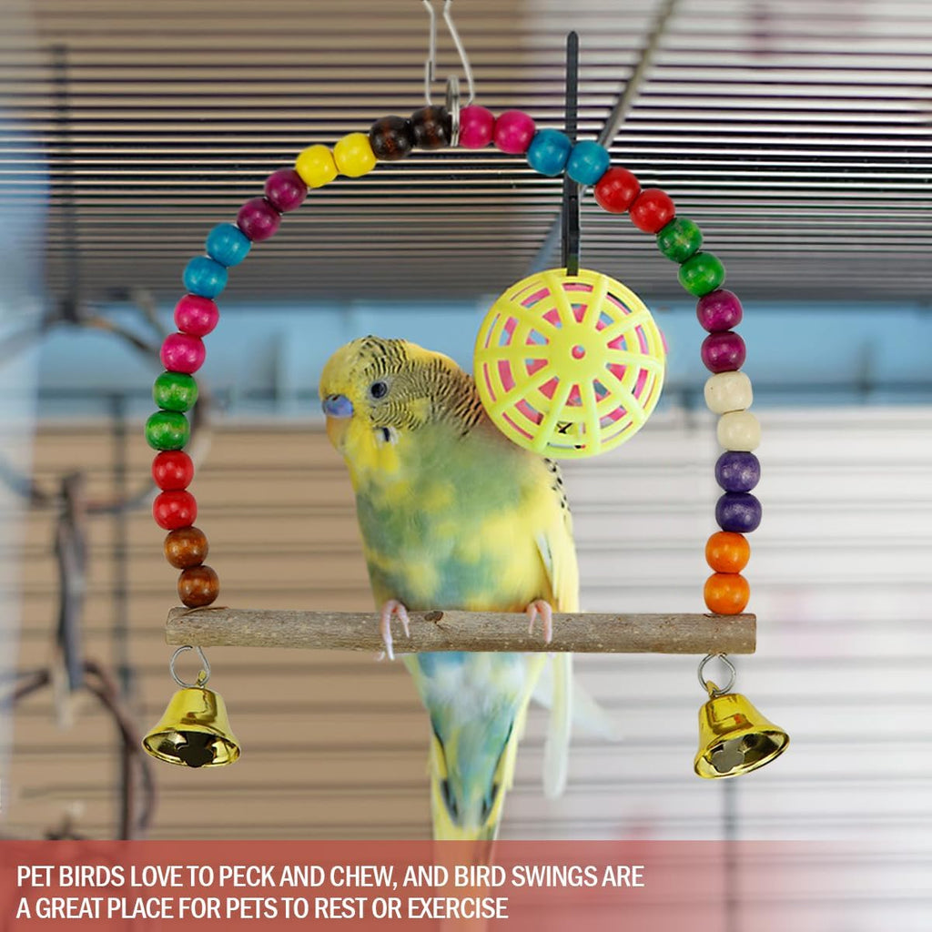 2 Pcs Wooden Bird Swing for Cockatiels Parakeets - Natural Wood Perch Hanging Toy with Colorful Beads Bell, Birdcage Climbing Accessories for Lovebirds Conures Budgies