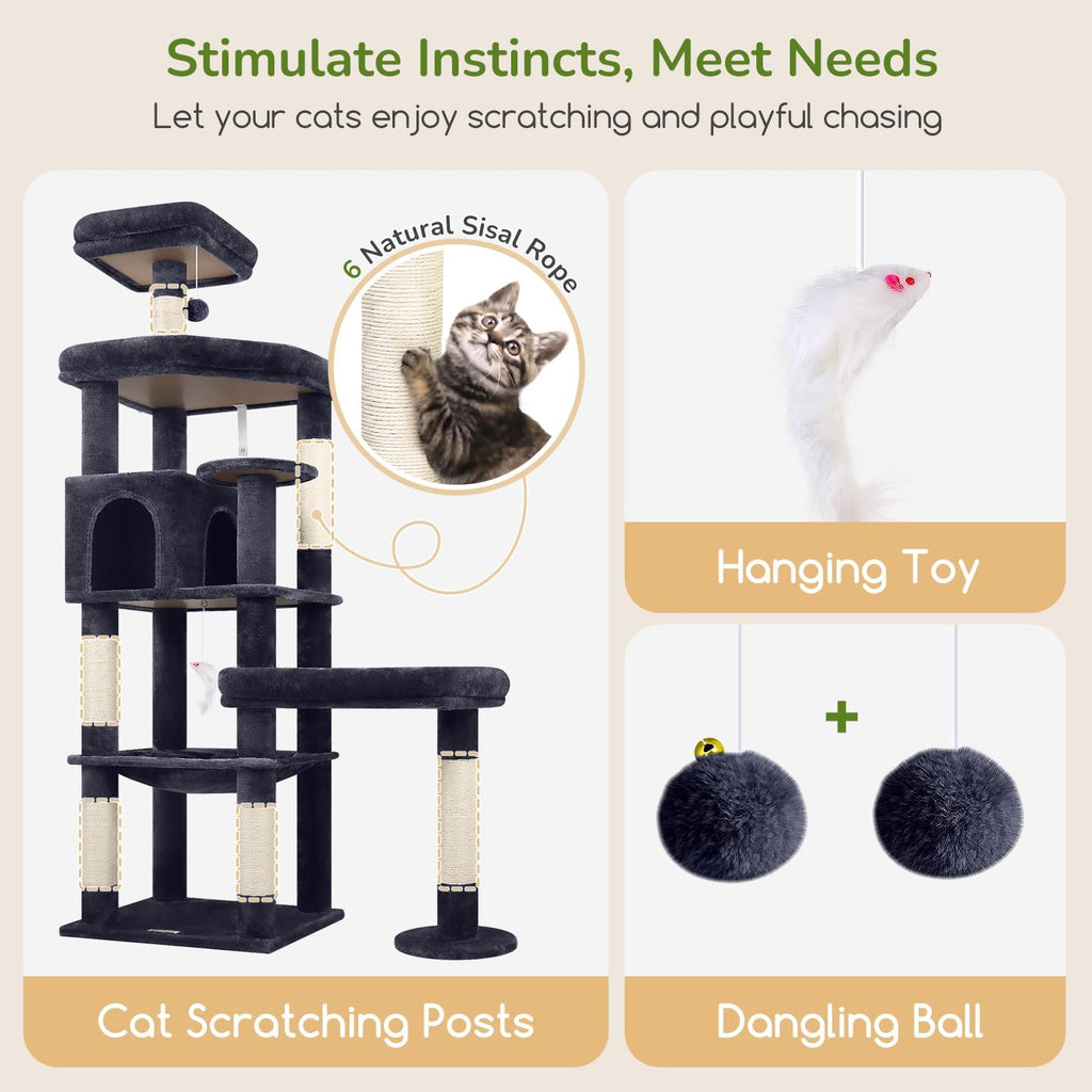 Globlazer 65in Sturdy Cat Tree Tower for Indoor Large Cats, S65, Dark Grey