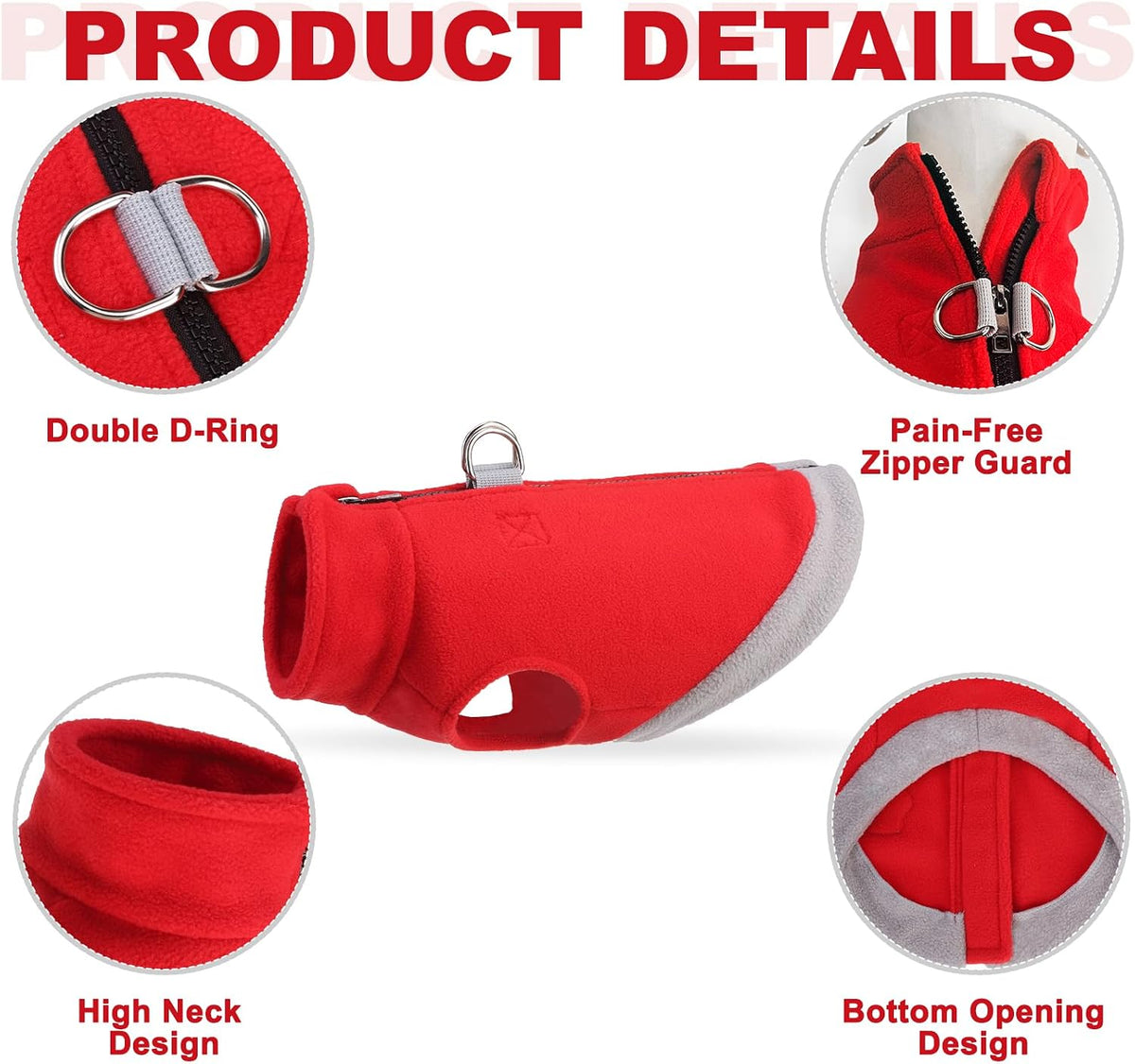 Mihachi Dog Fleece Vest Sweater Zip Up Warm Pullover Step-in Dog Jacket with Dual D-Ring Leash, Winter Cold Weather Reflective Coat Clothes Hoodie for Small Medium Dogs Puppy Cat Boy Girl, Red S
