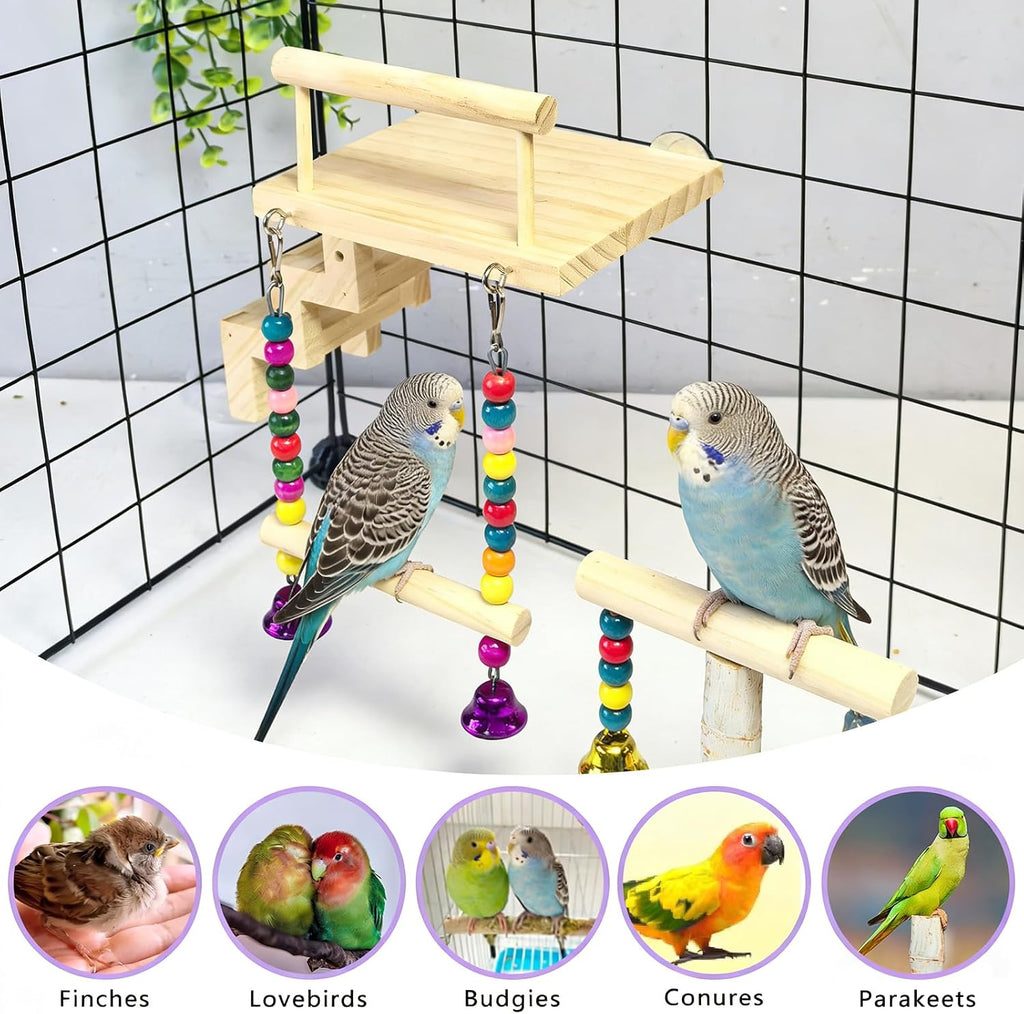 Bird Perch Platform with Ladder & Swing,Parrot Wooden Play Gym Cage Toys