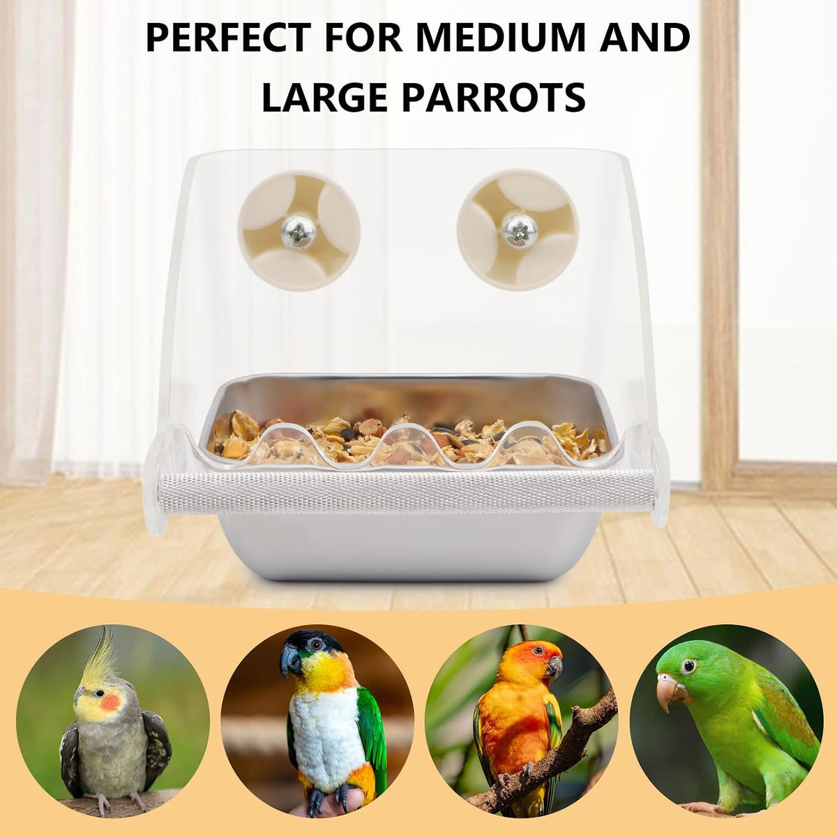 Hypeety Transparent No Mess Bird Feeder for Cage with Anti-Slip Perch