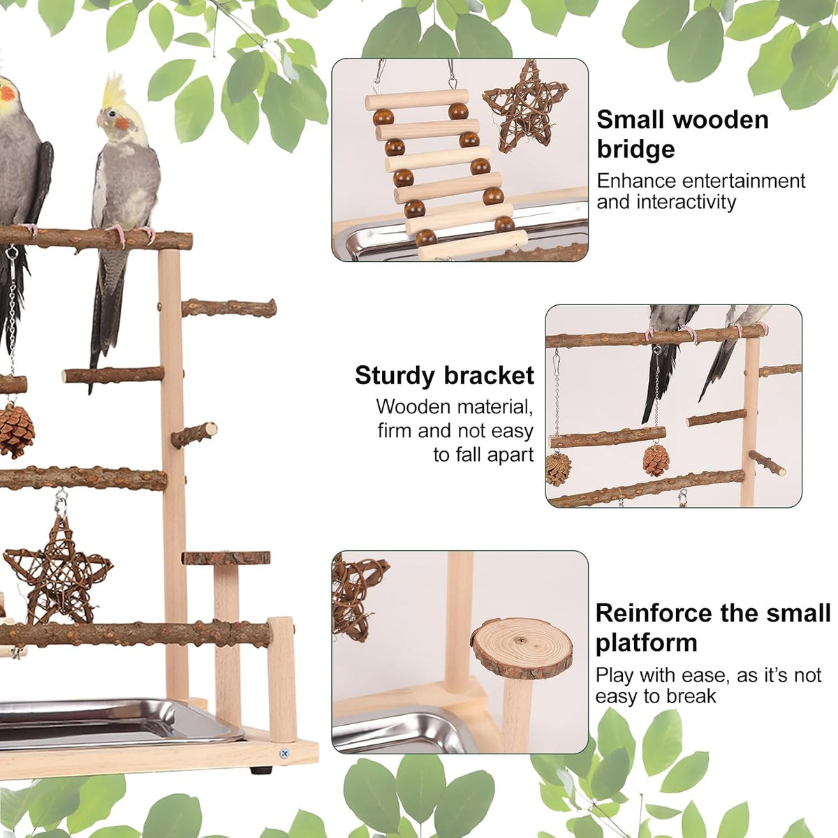 Bird Playground Parrot Perch Play Stand, Natural Wood Parakeet Playstand Cockatiel Toys, Budgie Play Gym & Cage Accessories - Removable Stainless Steel Tray, 2 Feeder Cups, Ladders & Swings
