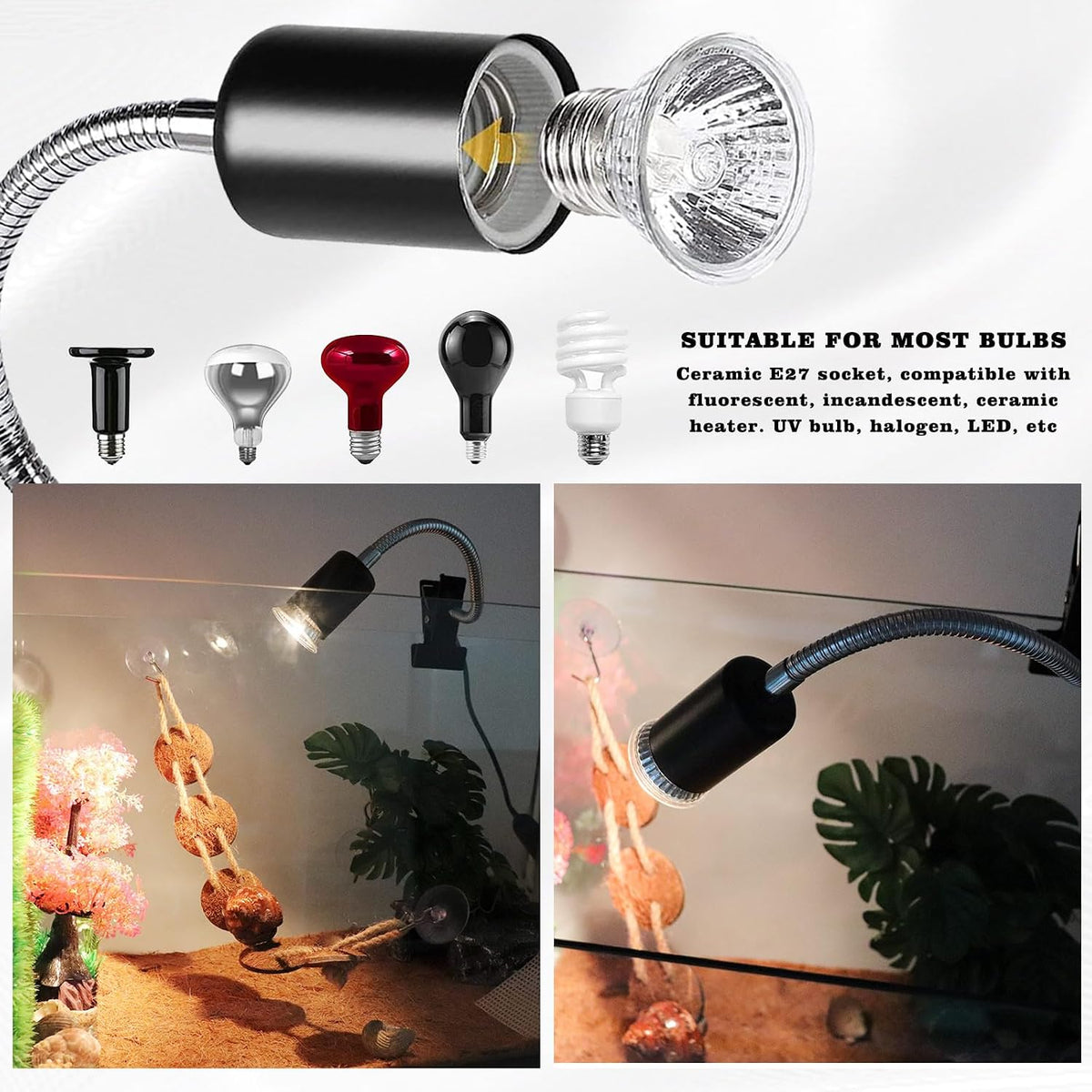 Hermit Crab Heat Lamp, Reptile Heat Lamp with Clamp, Reptile Light with Rotatable Hose and Timer, Suitable for Reptiles Lizard Turtle Tortoise Snake Bearded Dragon Hermit Crab, 2 Bulbs 25W+50W