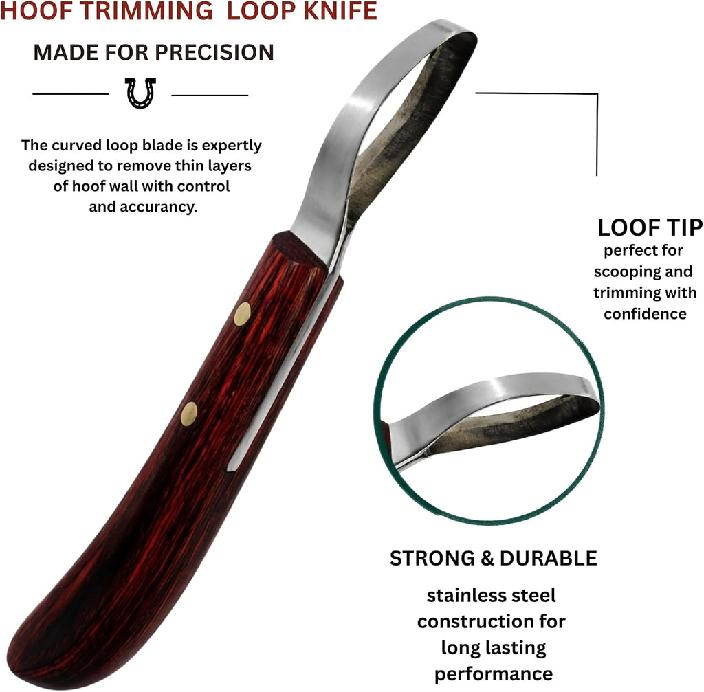 Hoof Trimming Loop Knife – Double-Edged J2 Stainless Steel Blade, Ergonomic Handle, Ambidextrous for Right & Left Hand, Farrier Tool for Horse & Cow Hoof Care