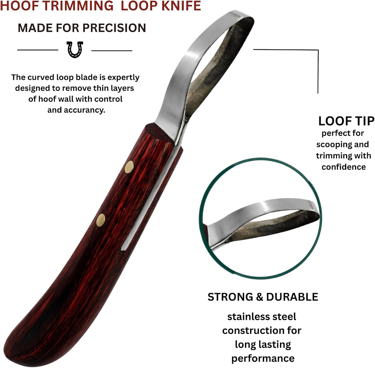 Hoof Trimming Loop Knife – Double-Edged J2 Stainless Steel Blade, Ergonomic Handle, Ambidextrous for Right & Left Hand, Farrier Tool for Horse & Cow Hoof Care