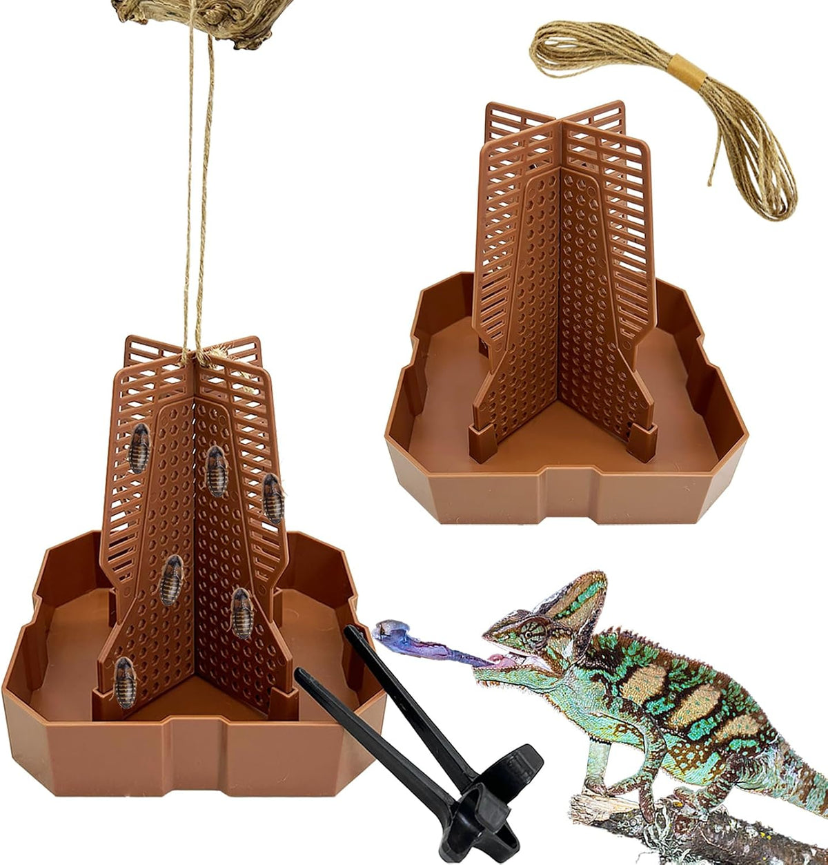 2PCS Reptile Hunting Bowl,5.8"×5.8"×6.1" H Insect Feeding Box with Rope and Tweezers Chameleon Feeder Bowls Hanging Bearded Dragon Bug Bowls Mounted Insect Reptile Feeder Box(Brown,Large)