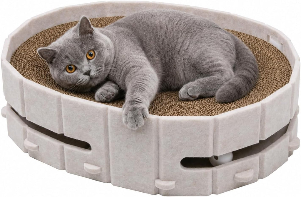 Interactive Cat Scratcher Lounge Bed Heavy Duty Corrugated Cardboard Cat Scratching Pad Bowl with Built-in Track & 2 Bell Balls for Indoor Cats Claw Care and Rest Cat Scratching Bowl, Grey