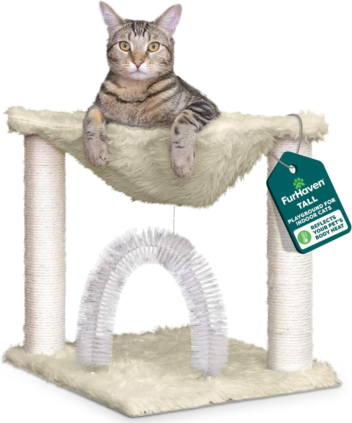Furhaven 15.75" Tall Playground for Indoor Cats, Ft. Sisal Scratching Posts, Self-Grooming Brush, & Toy - Tiger Tough Hammock Interactive Playground - Silver, One Size
