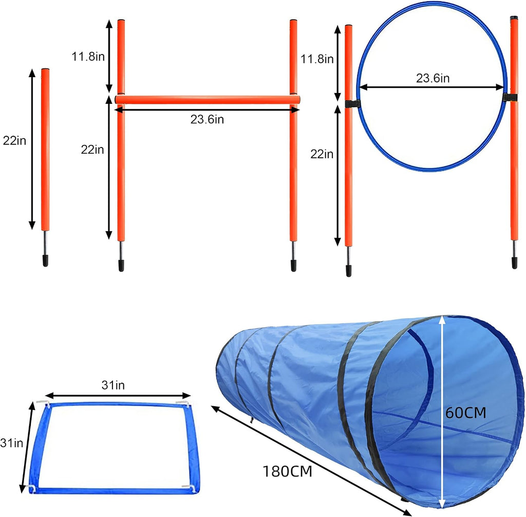 Dog Agility Training Equipment, Obstacle Agility Training Starter Kit for Doggie, Including Tunnel, 13 Weave Poles, Adjustable Hurdle, Jump Ring, Pause Box and Carrying Bag(Blue)