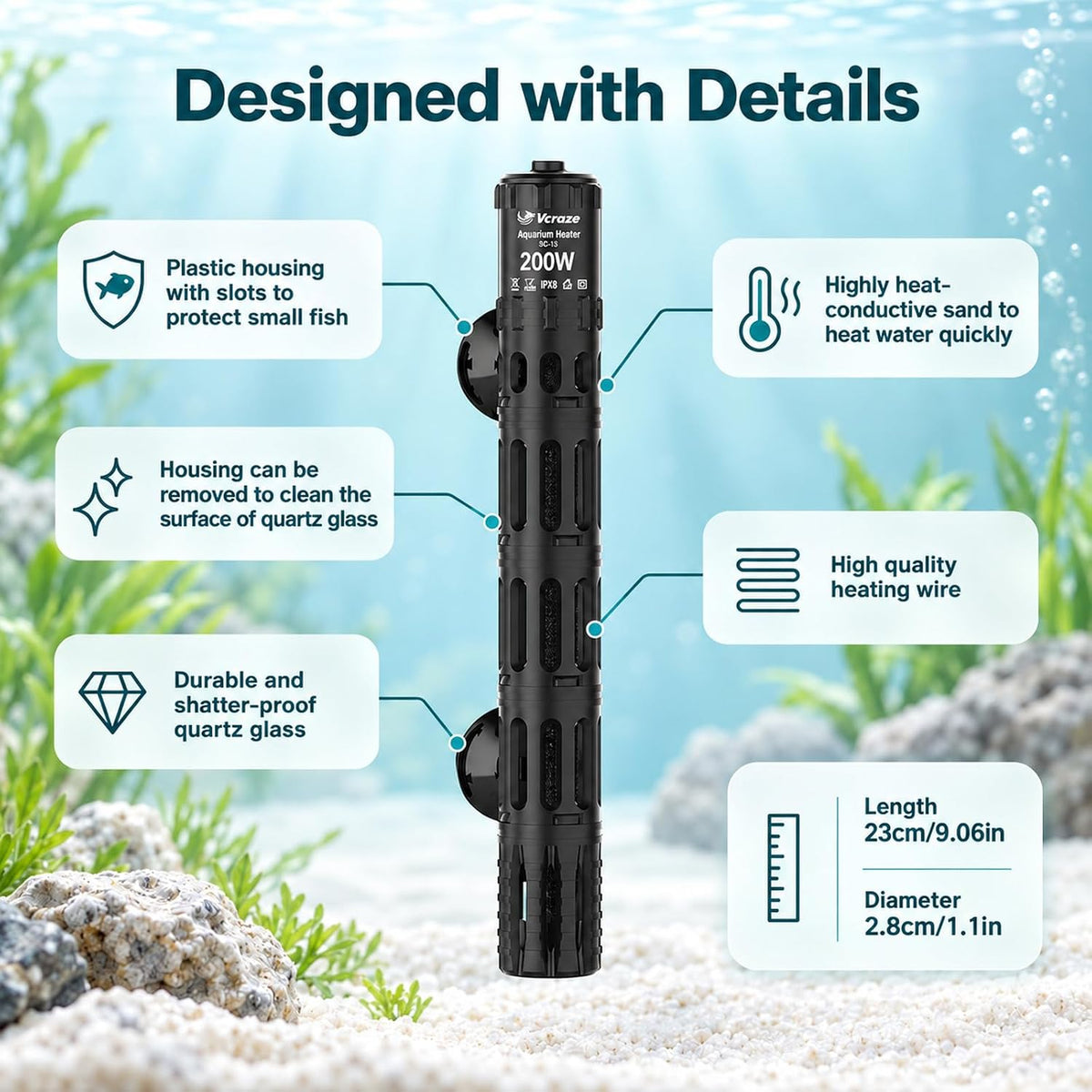 200W Aquarium Heater for 20-40 Gal Tanks with External LED Temp Controller