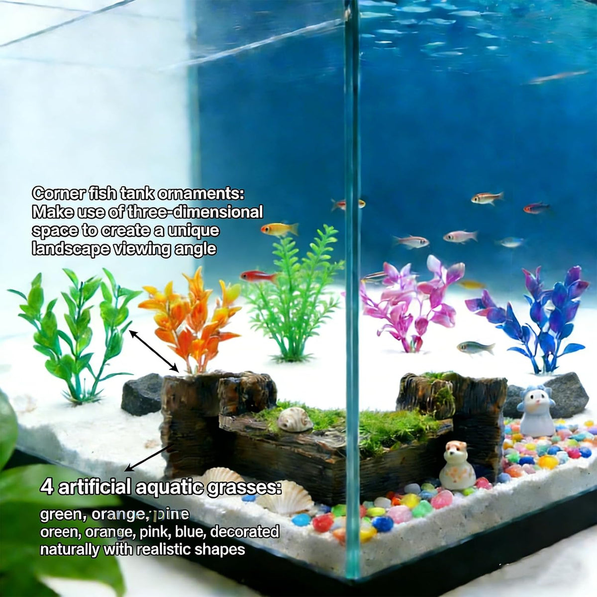 Fish Tank Tree Hole Hideout with 4 Artificial Aquarium Plants