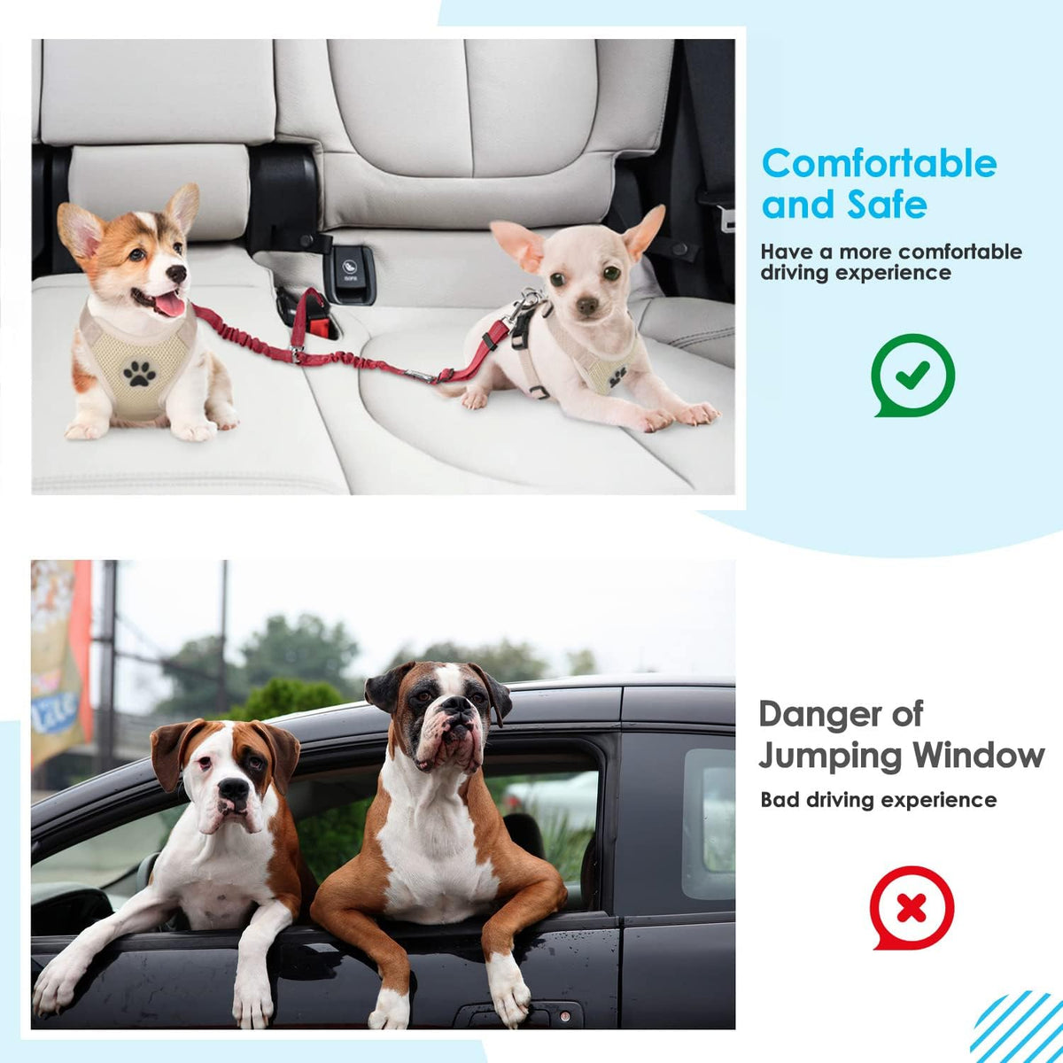 SlowTon Double Dog Seat Belt for Car with Elastic Bungee Buffer, Adjustable