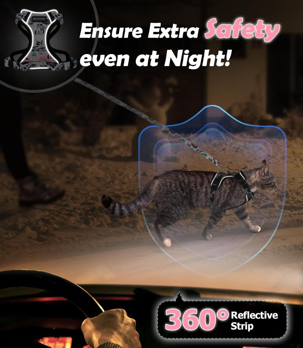 Halypet Cat Harness and Leash Set[MAX Safety 4th-Gen] Cute Escape Proof Vest Harness for Girl&Boy Cat Walking, Comfortable Adjustable Leash and Reflective Strips for Outdoor Kitten, S Inky Meowy