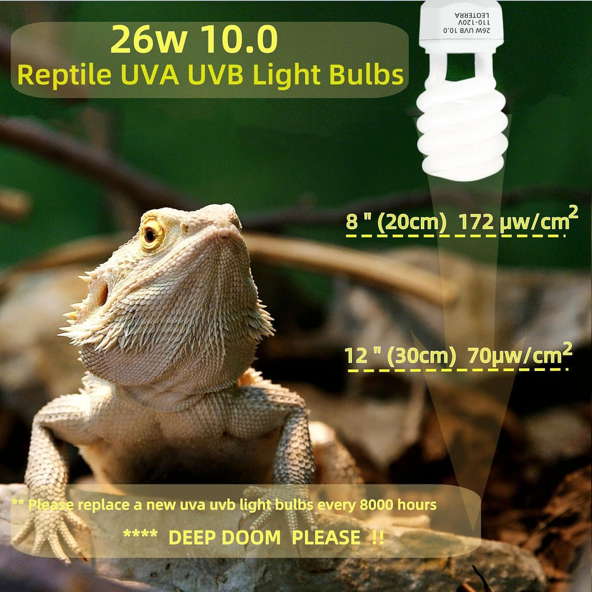 Leoterra Reptile UVB Light, Desert UVB Light for Reptiles, 26W 10.0 Reptile UVA UVB Bulb, UVB Bulb for Reptiles Bearded Dragons Lizards Tortoises Snakes