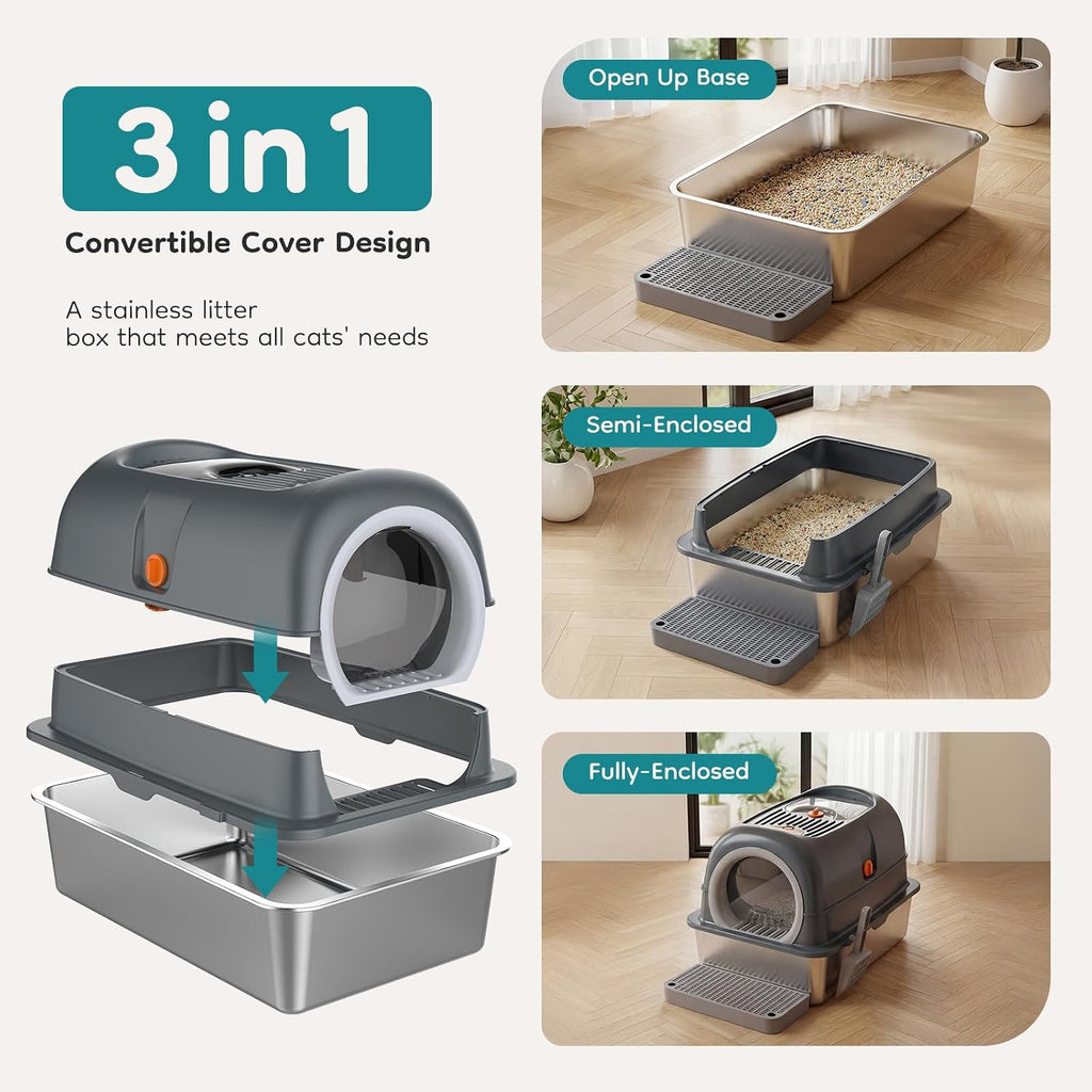 OLIXIS Extra Large Stainless Steel Litter Box with Lid, Easy Cleaning
