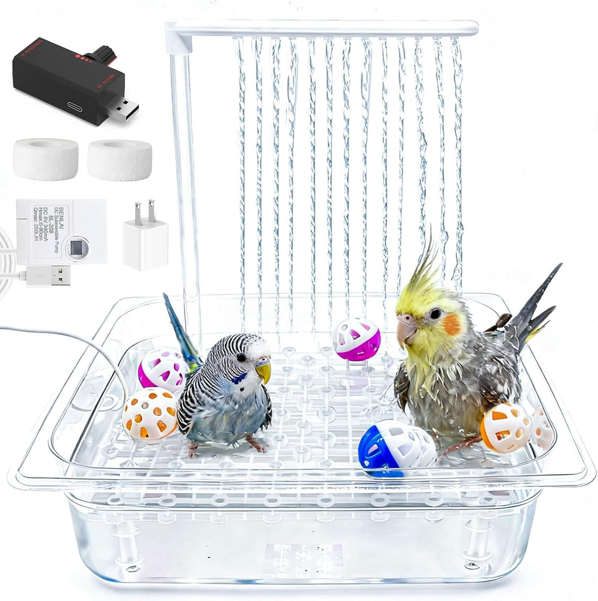 Parrot Bird Bath with Pump,Large Automatic Parrot Parakeet Shower Fountain