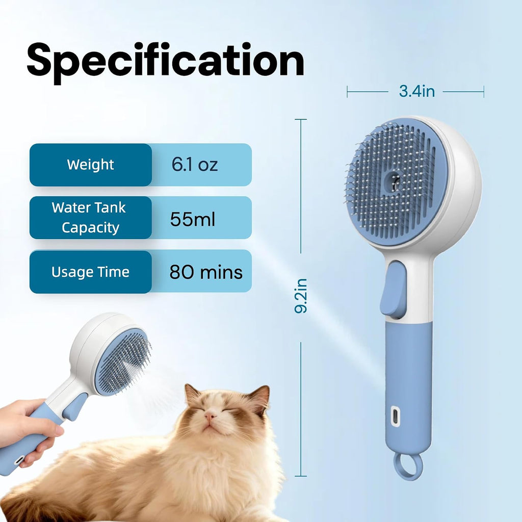 Cat Brush for Shedding, Self-Cleaning Deshedding Tool for Indoor Cats & Small Dogs, 3-in-1 Grooming Brush with Water Spray Mist, Rechargeable Pet Hair Removal Tool for Loose Fur and Tangles
