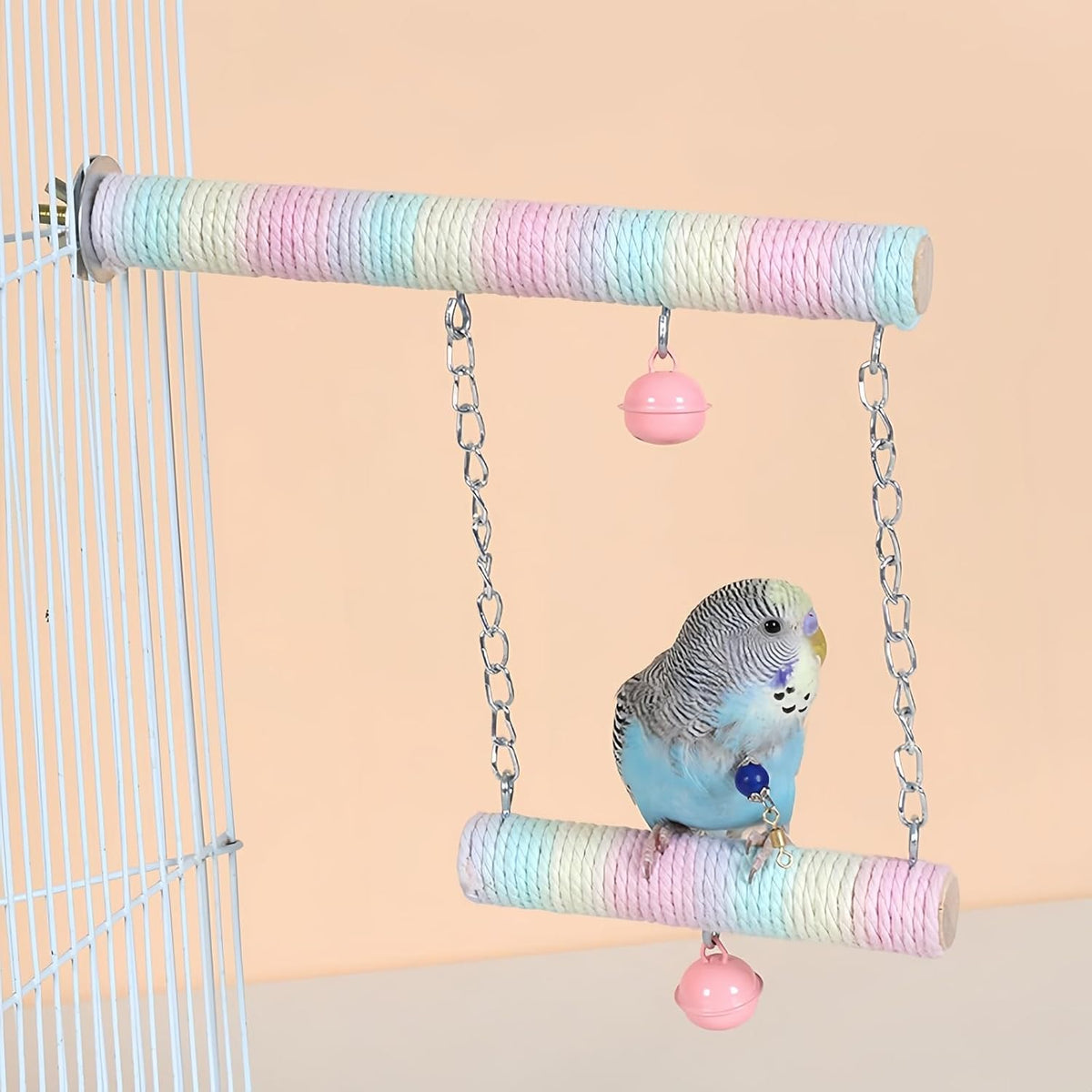 Parrot Swing A Standing Pole, Colorful Cotton Rope Wooden Swing with Metal Chain and Clasp（1Pcs）