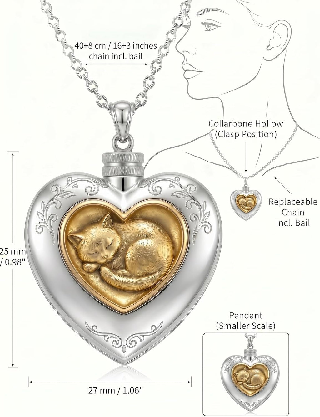 Cat/Dog Cremation Urn Necklace 925 Sterling Silver Two-Tone Heart Pet Urn Necklace Ashes Keepsake Memorial Urn Necklaces for Ashes Adjustable 16+3 Inch with Funnel