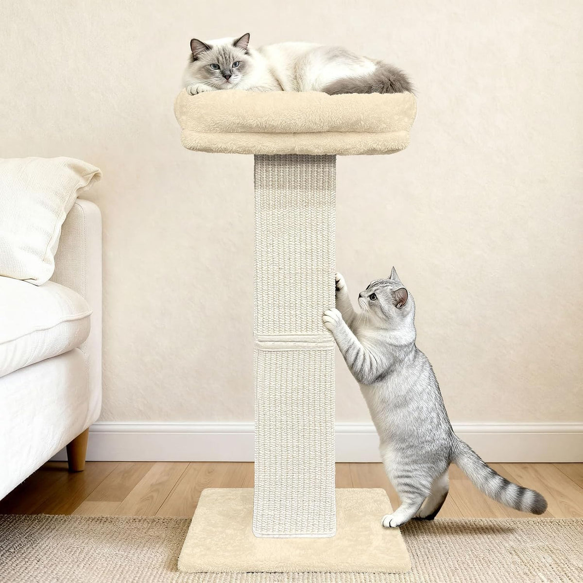 Cat Scratching Post with Plush Perch for Indoor Cats, 32 Inch, Beige