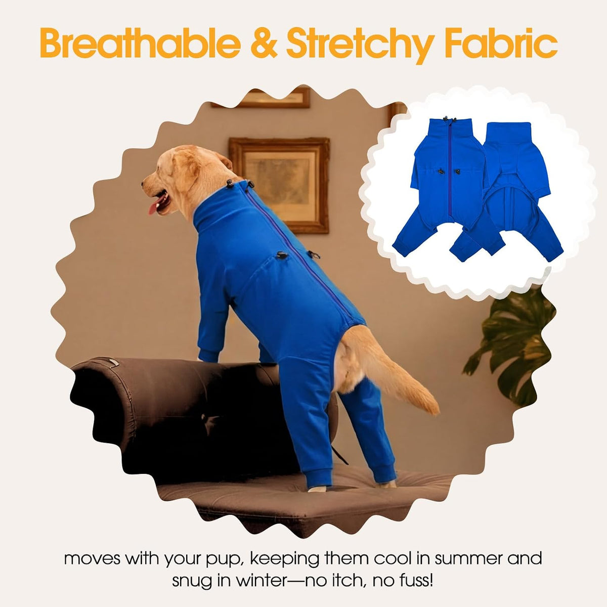 Recovery Suit for Large Dogs, Adjustable Dog Onesie, Blue, 2XL