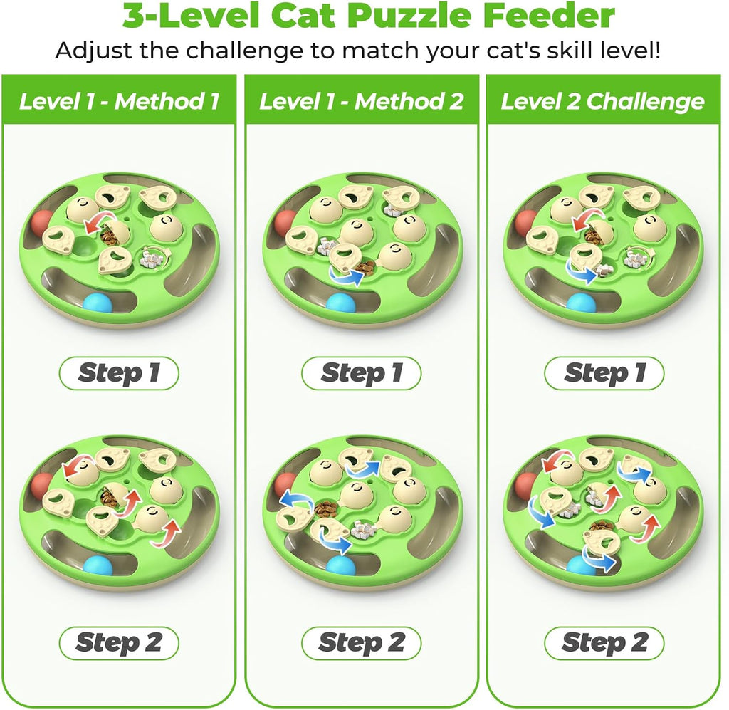 Cat Puzzle Feeder Toy, 3 in 1 Interactive Slow Feeder for Cats, Green