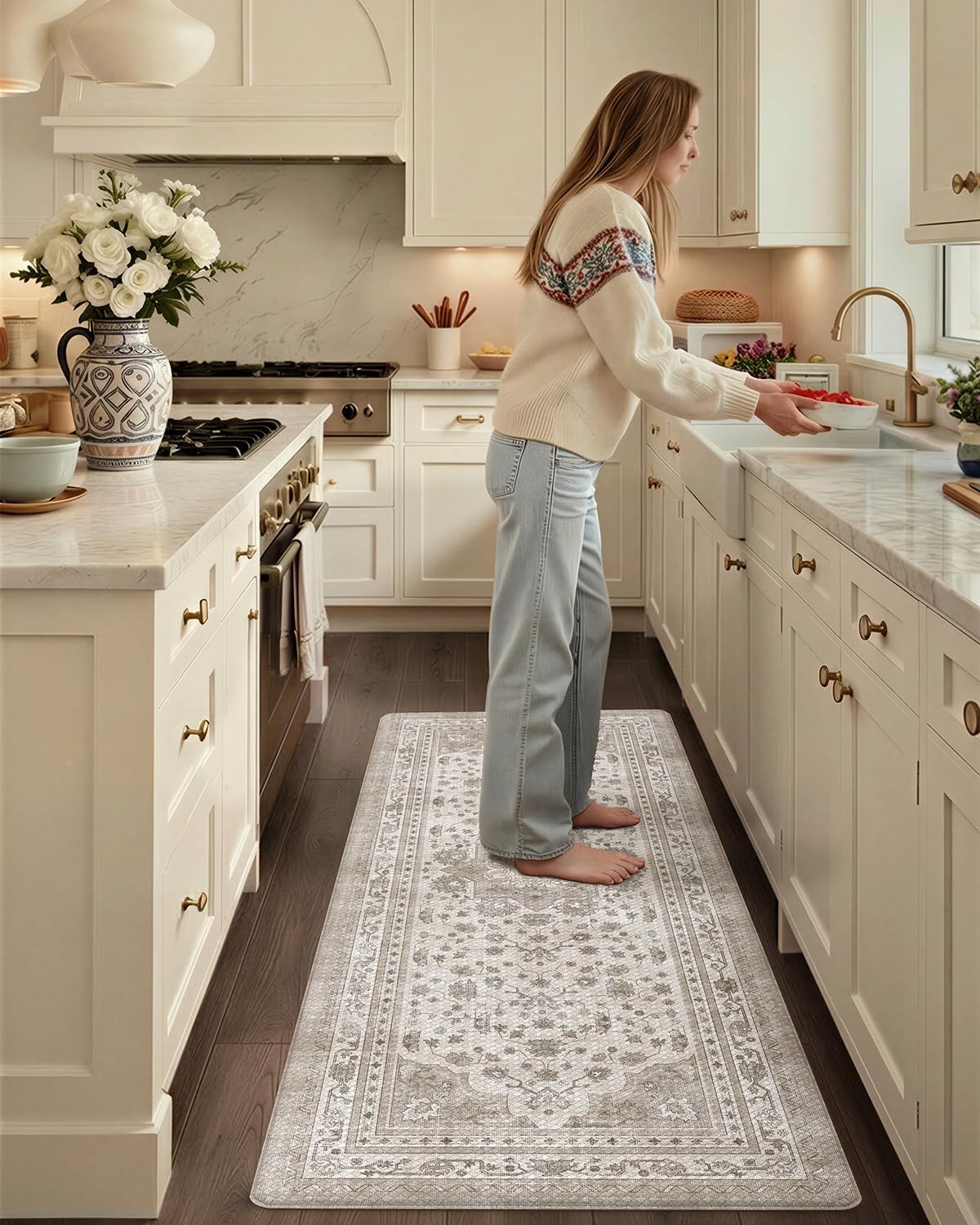 Color&Geometry Kitchen Floor Mat 24x59 Faded Vintage Anti Fatigue, Beige