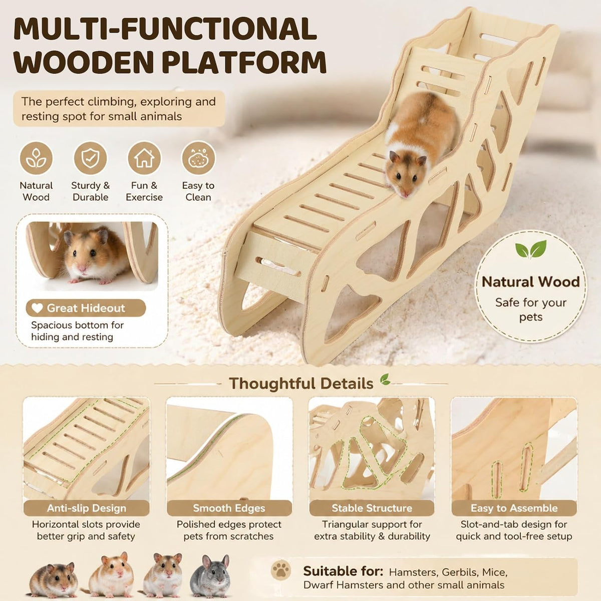 3 Pack Wooden Hamster Play Platform, 3-in-1 Natural Small Pet Playground