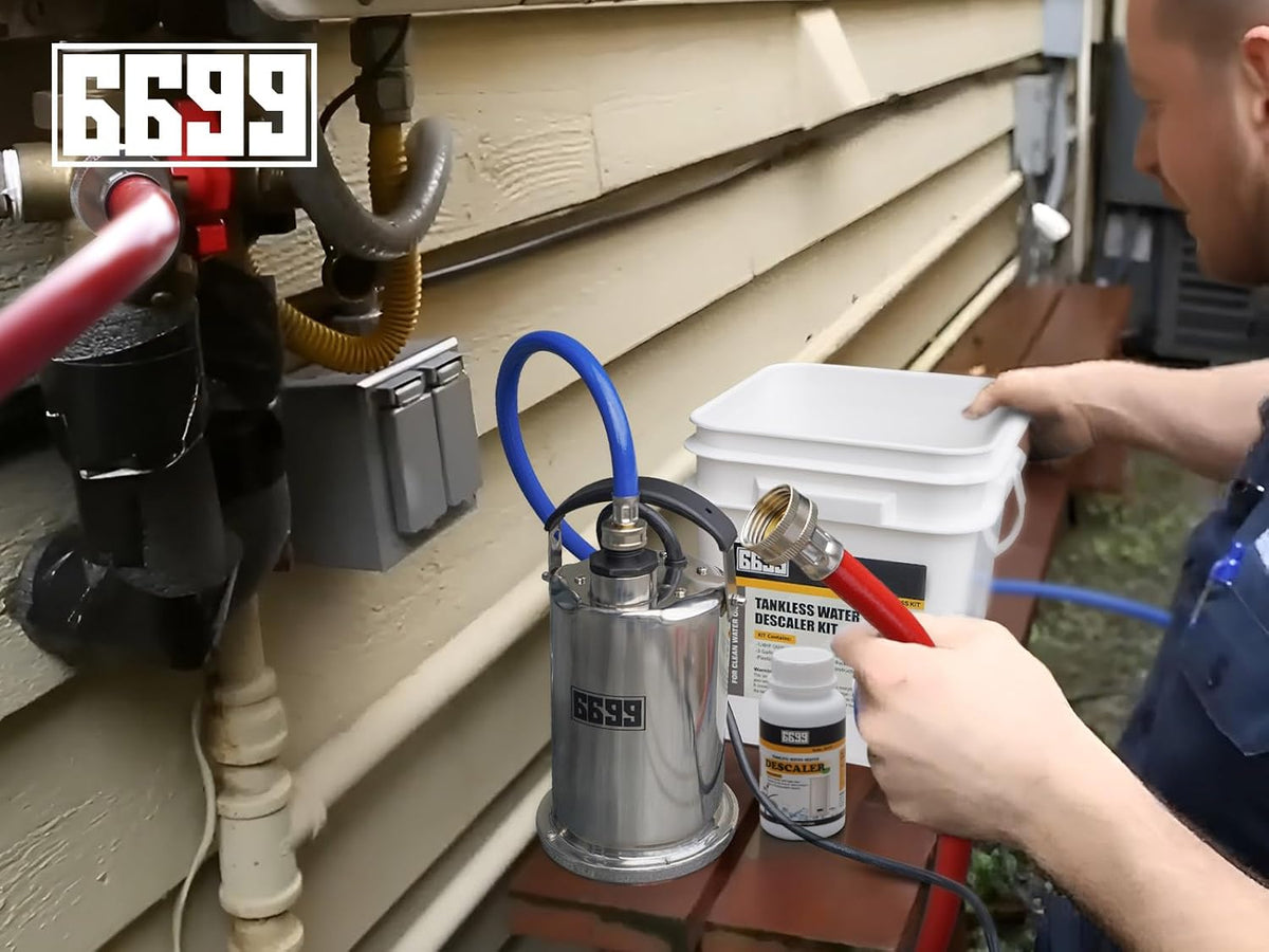 Tankless Water Heater Flushing Kit Includes 1500GPH Stainless Steel Pump with Two Adapters & Cleaner & 3 Gallons Pail with Bucket Lid Opener & Two 1/2” Dia X 6’ Hoses SUB 1500SS Flush Kit