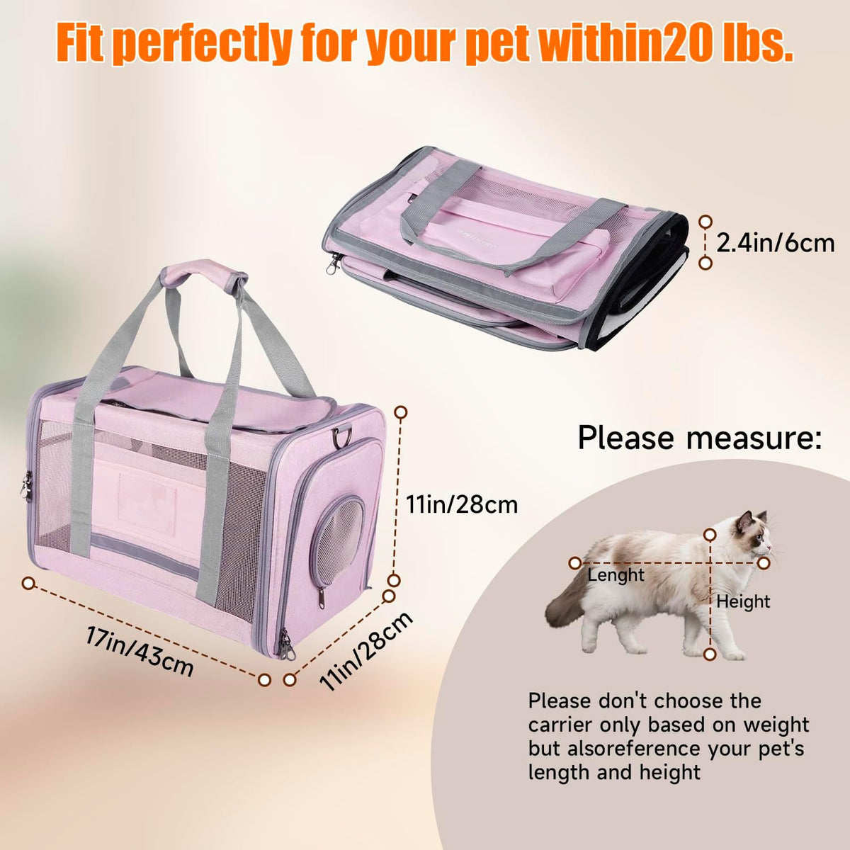 Cat Carriers, 17"x11"x11" Collapsible Pets Travel Carriers(Pink)