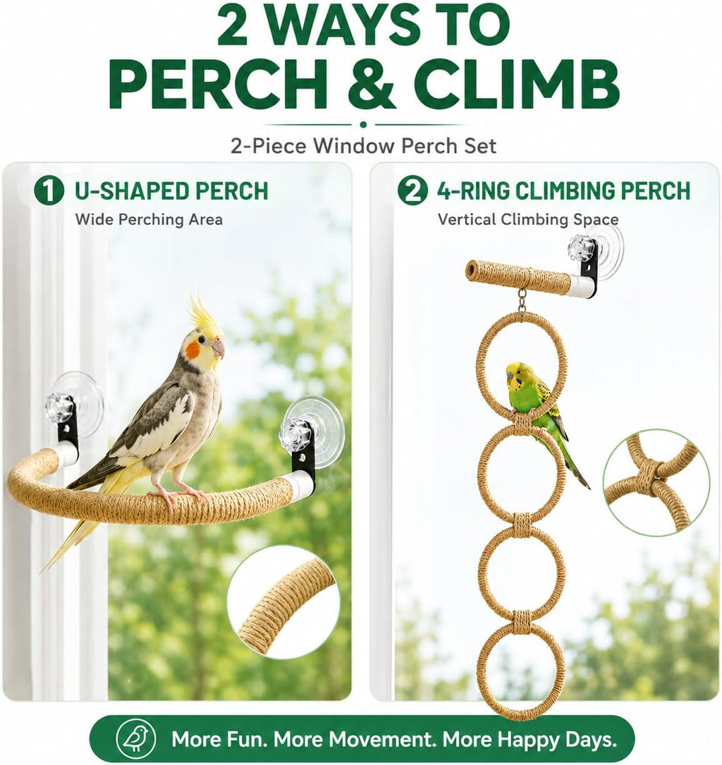 Bird Window Perch with Climbing Rings and Suction Cups for Parrots
