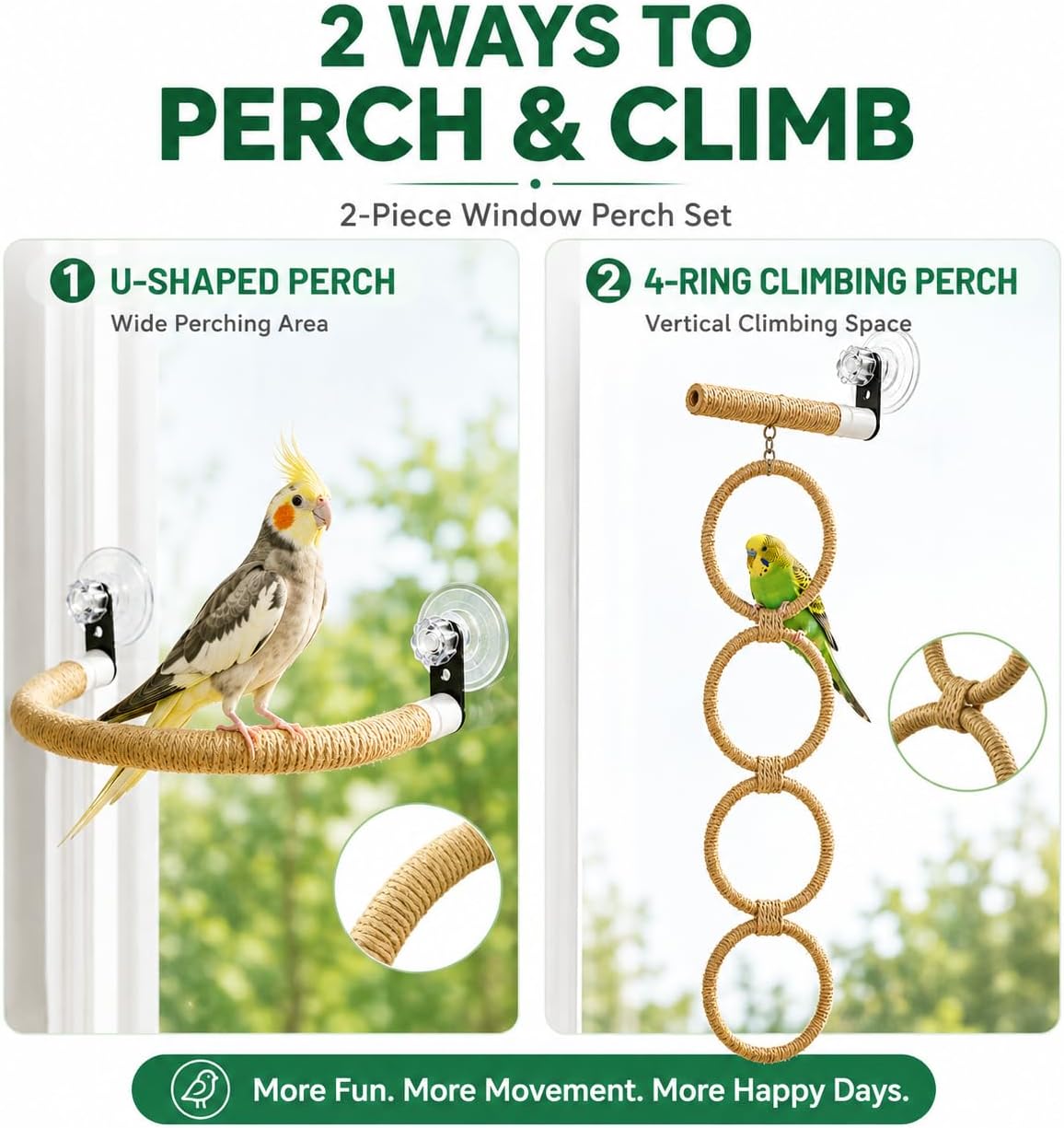 Bird Window Perch with Climbing Rings and Suction Cups for Parrots