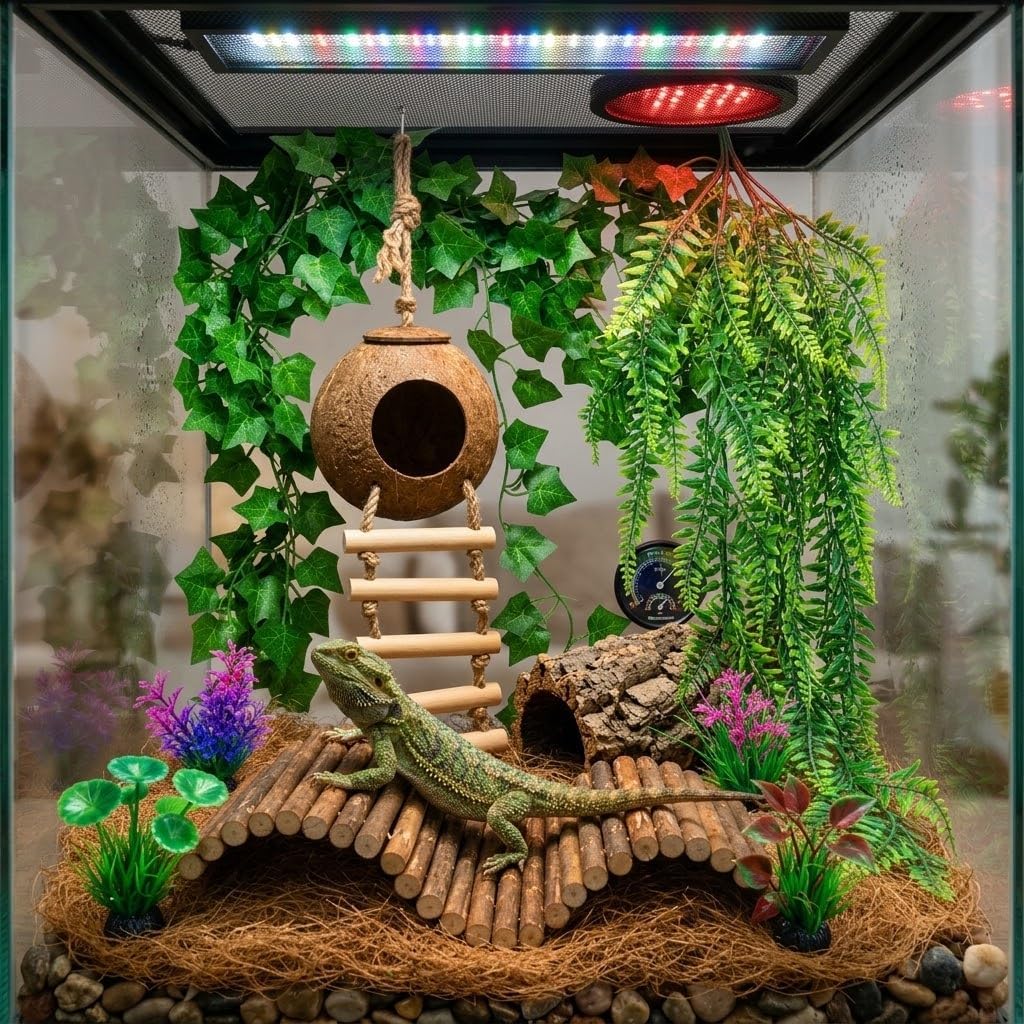 Crested Gecko Tank Accessories, Reptile Hide, Climbing Vines, Hanging Plants, Coconut Shells & Bridge for Leopard Gecko