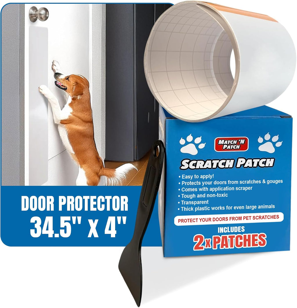 MATCH 'N PATCH Door Scratch Protector - Clear, Self-Adhesive Plastic Door Guard for Dogs & Cats - Pet Wall Protector with Application Scraper (34.5 x 4 Inches, 2 Patches)