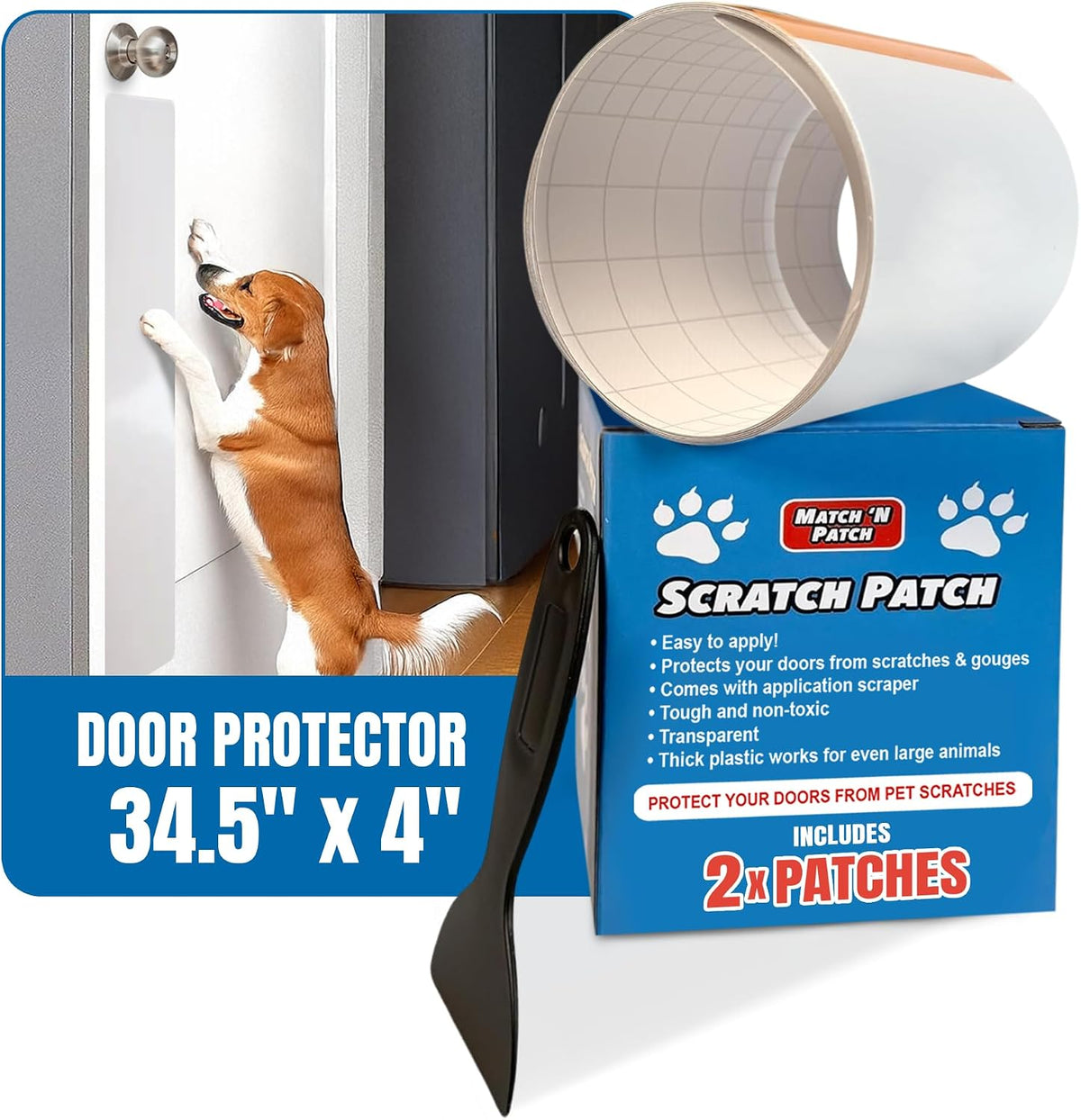 MATCH 'N PATCH Door Scratch Protector - Clear, Self-Adhesive Plastic Door Guard for Dogs & Cats - Pet Wall Protector with Application Scraper (34.5 x 4 Inches, 2 Patches)