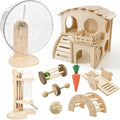 Hamster Cage Accessories Set ，Silent Exercise Wheel, Maze Wooden Hideout, Water Bottle with Holder, Chew Toys & Interactive Platform for Hamsters, Mice, Gerbils (All-in-One Habitat Enrichment Kit)