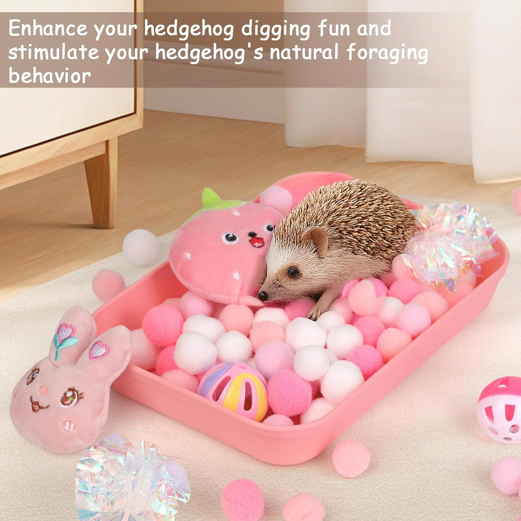 Hedgehog Accessories, Dig-Box Tray for Hedgehog Cage with Ball Toy, Small Animal Accessories Funny Dig-Box Tray Toys for Hedgehogs, Ball Bell Toy for Ferret Kitten Cat Hamster (Pink)