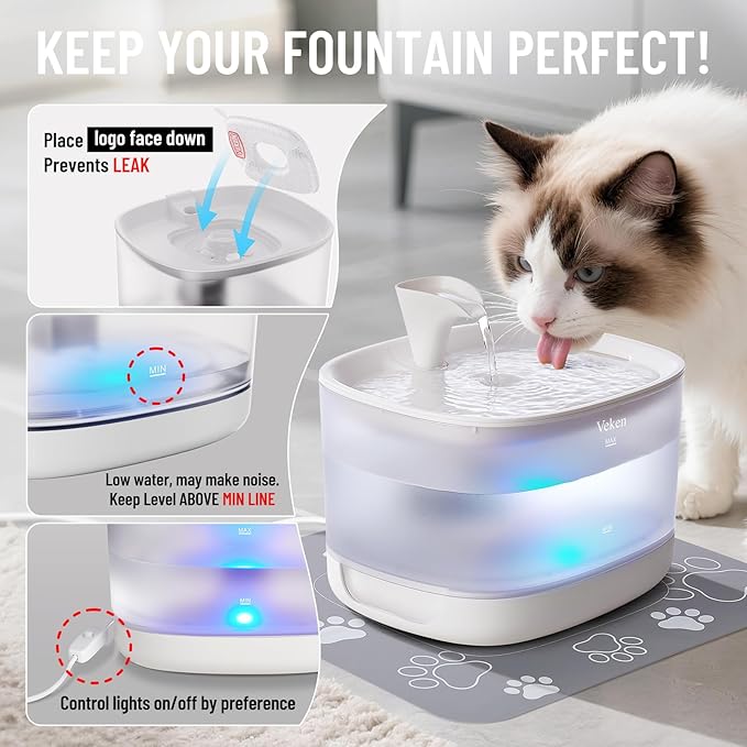 Veken Cat Water Fountain with Detachable Tank, 84oz/2.5L Automatic Pet Drinking - Image 7