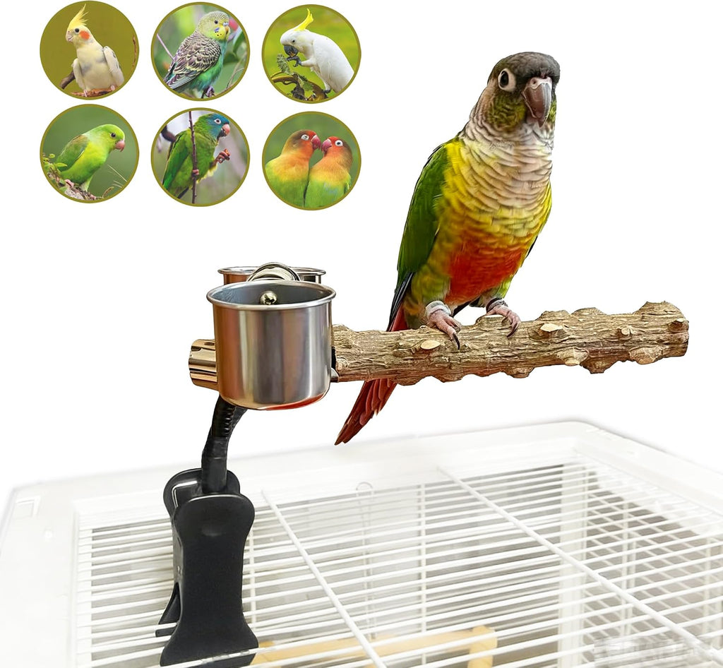 Bird Perch Stand with Clip, Adjustable & Portable Parrot Stand with Parrot Feeding Cups Bendable Training Perch for Cockatiels, Conures, Lovebirds ird cage Accessories