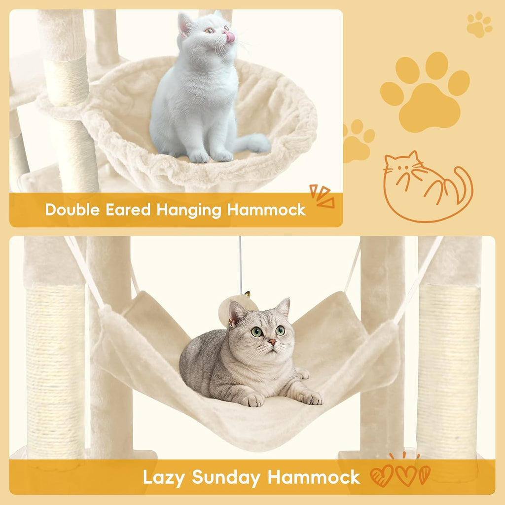 Large Multi-Level Cat Tree,80 Inches Tall with Sisal-Covered Scratching Posts, Condo, Hammock, Dangling Ball, and Extended Platform for Cats to Play and Sleep (Beige)