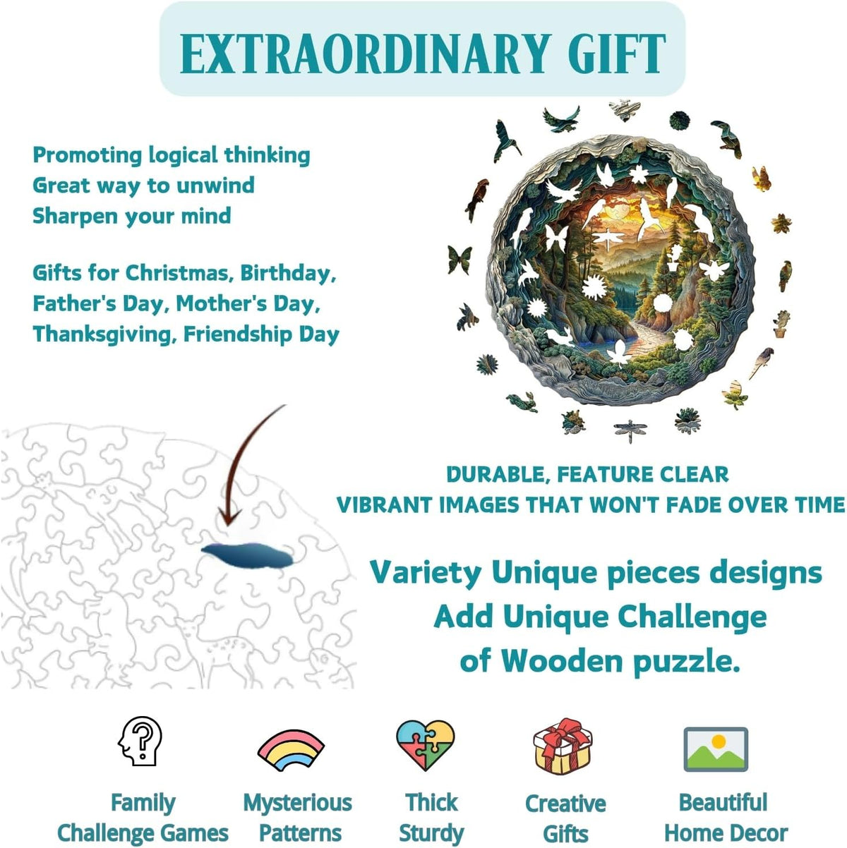 500 Pieces Wooden Puzzles, 3D Cave Forest Puzzle for Adults, Unique Animal Shaped Wood Challenging Jigsaw Puzzles Gifts for Women Men Adults, 17.3x17.2in