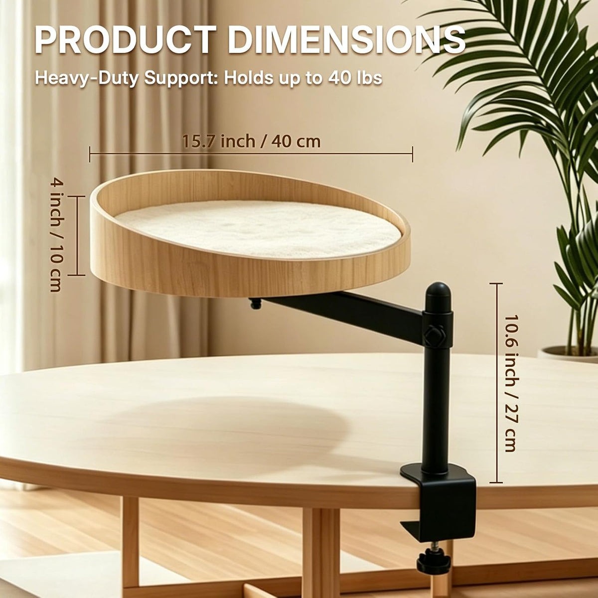 360° Swivel Clamp-On Cat Desk Bed & Window Perch, Elevated Pet Hammock with Washable Cushion, No Drill Sturdy Frame Lounger Shelf for Bedroom, Desk, Bedside (Wood)