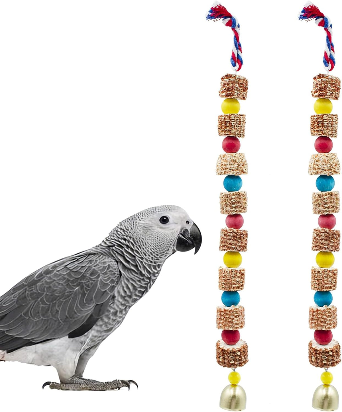 2 Pack Chew Toys for Birds, Parrot Toys with Colorful Beads Natural Corn Cob and Metal Bell, Bird Toys, Cage Accessories for Budgies, Cockatiels, Lovebirds, Green Cheeks, Small to Medium Birds